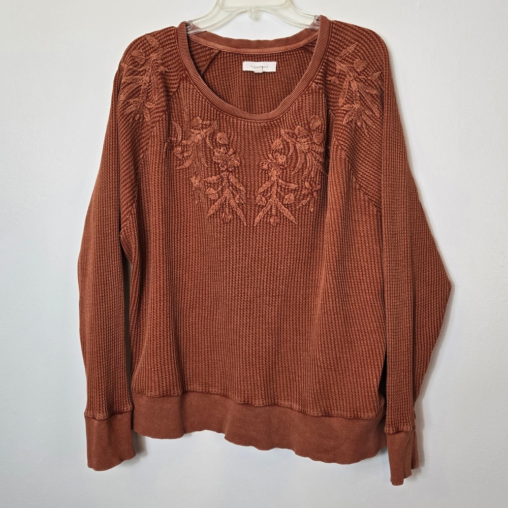 Cleo +‎ Wolf Womens XL Rust Orange Waffle Knit Floral Embroidered Pullover Top